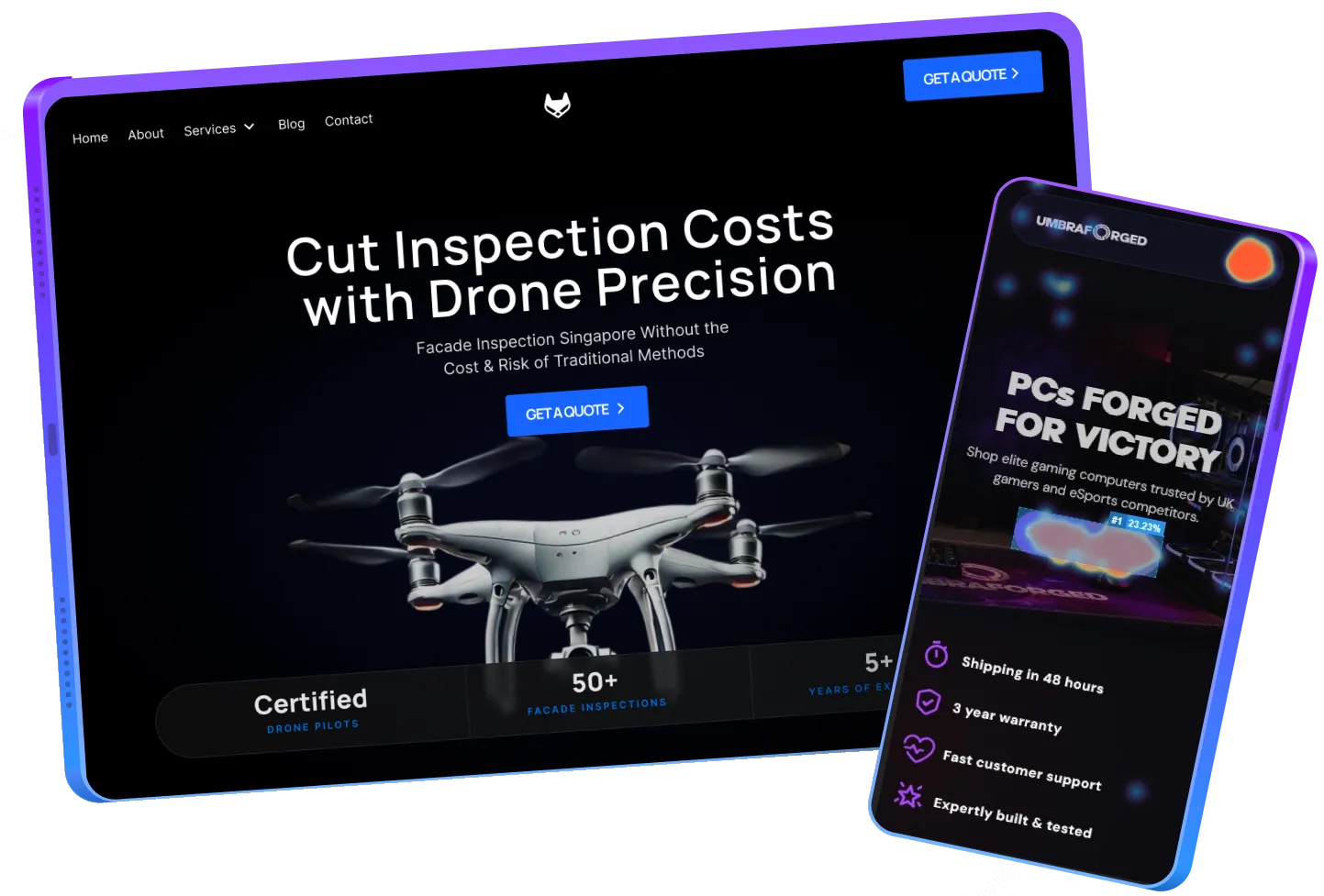UMBRAFORGED UK landing page, created and designed by V and Bruno, Shopify Liquid theme development, as seen from a mobile phone. As well as Aerial Perspectives Studios landing page, created and designed by V and Bruno, AstroJS and React development, as seen from a tablet