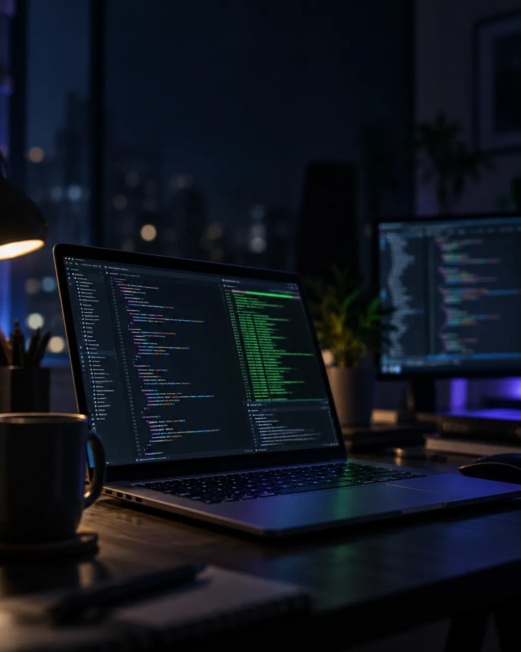 A laptop showing code on a desk at night