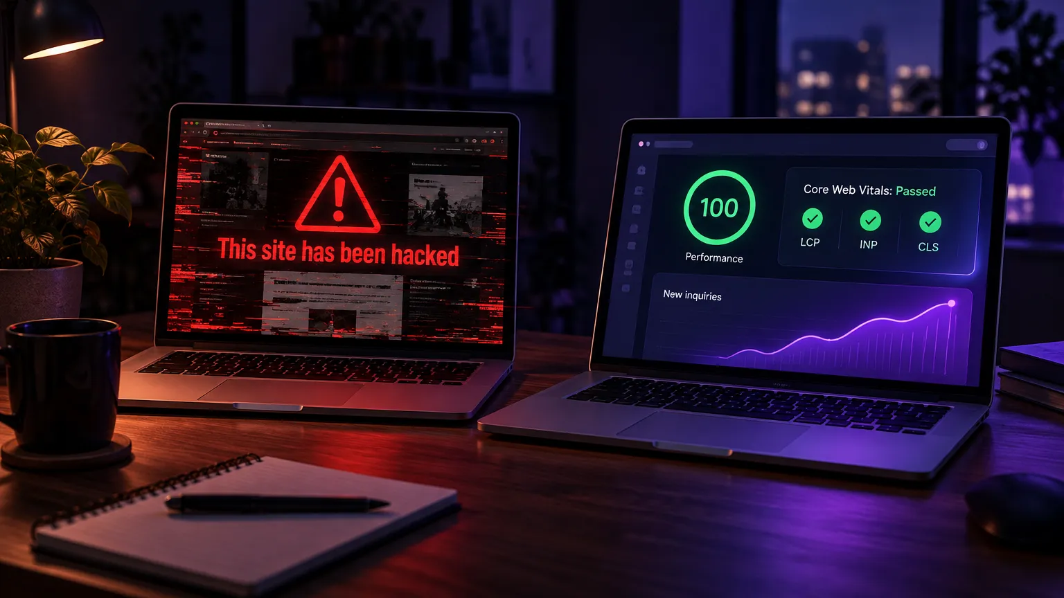 Two laptops side by side: a hacked WordPress site with a red warning, and a fast Astro site passing Core Web Vitals with enquiries rising